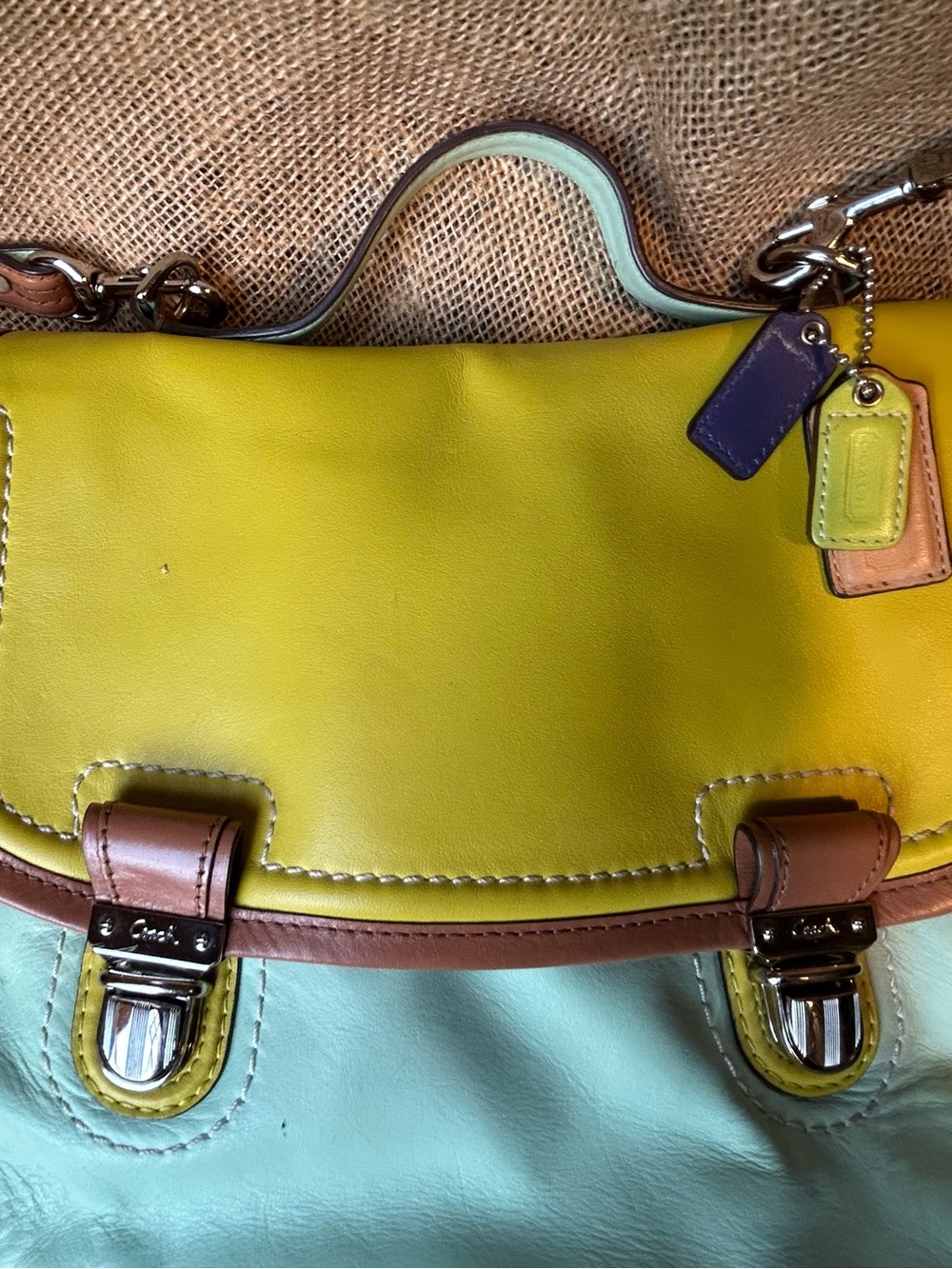 Coach Colorblock Leather Satchel in Lime, Mint & Tan with Purple Charm #22427
